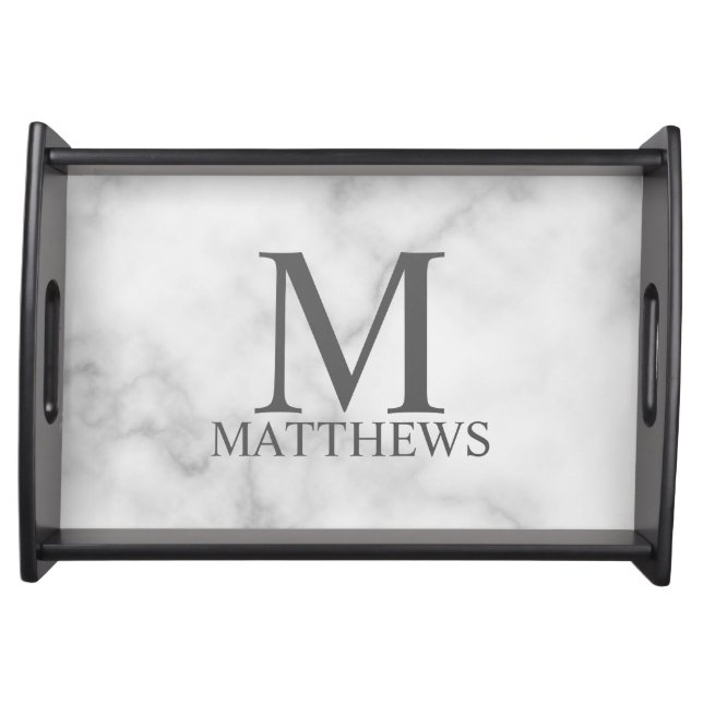 White Marble Personalized Monogram and Name Serving Tray (Front)