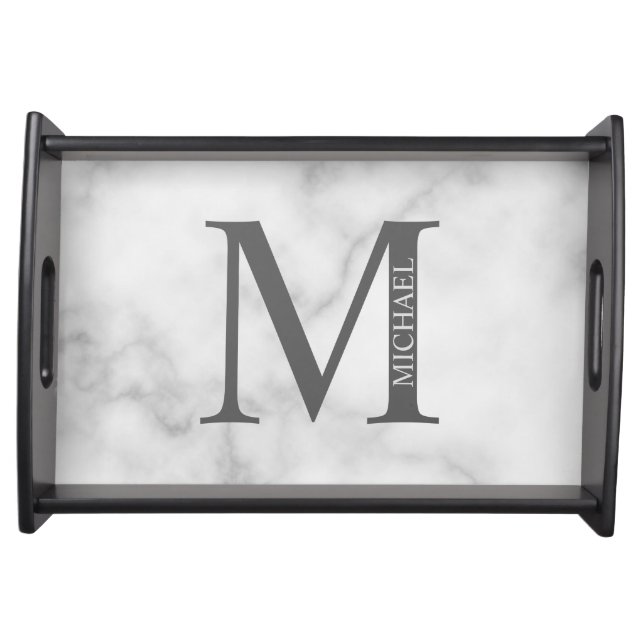 White Marble Personalized Monogram and Name Serving Tray (Front)