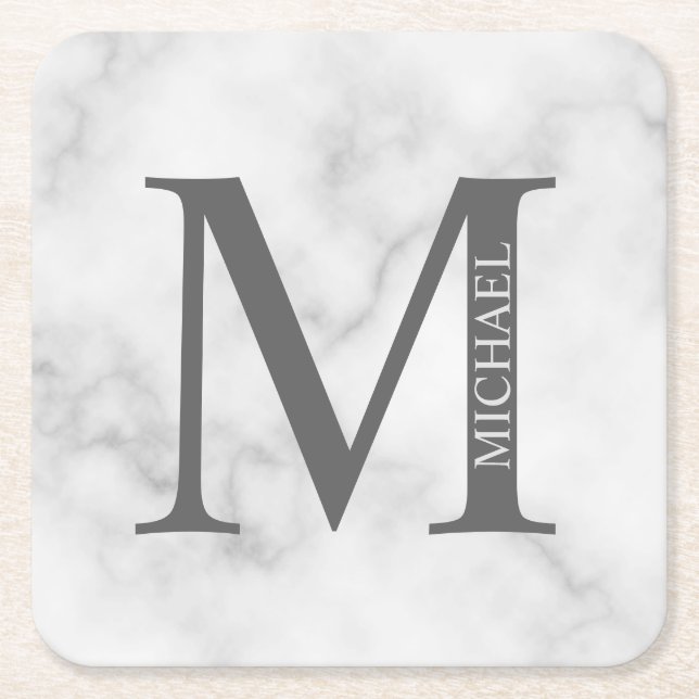 White Marble Personalized Monogram and Name Square Paper Coaster (Front)