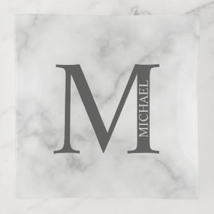 White Marble Personalized Monogram and Name Trinket Tray