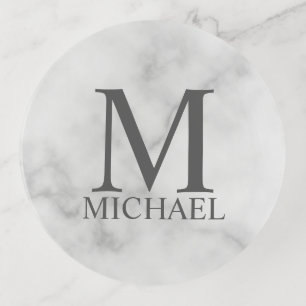 White Marble Personalized Monogram and Name Trinket Tray