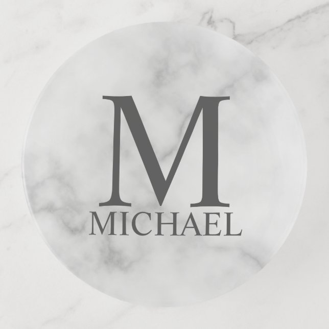 White Marble Personalized Monogram and Name Trinket Tray (Front)