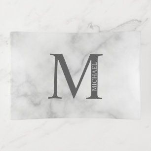 White Marble Personalized Monogram and Name Trinket Tray