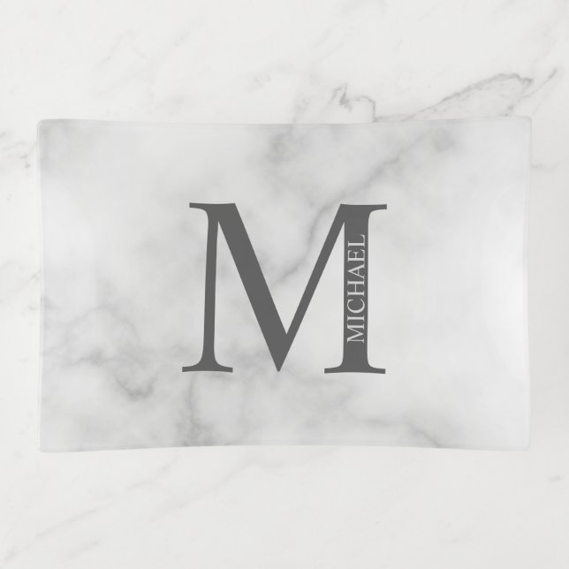 White Marble Personalized Monogram and Name Trinket Tray (Front)