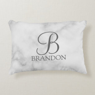 White Marble Personalized Script Monogram and Name Accent Pillow