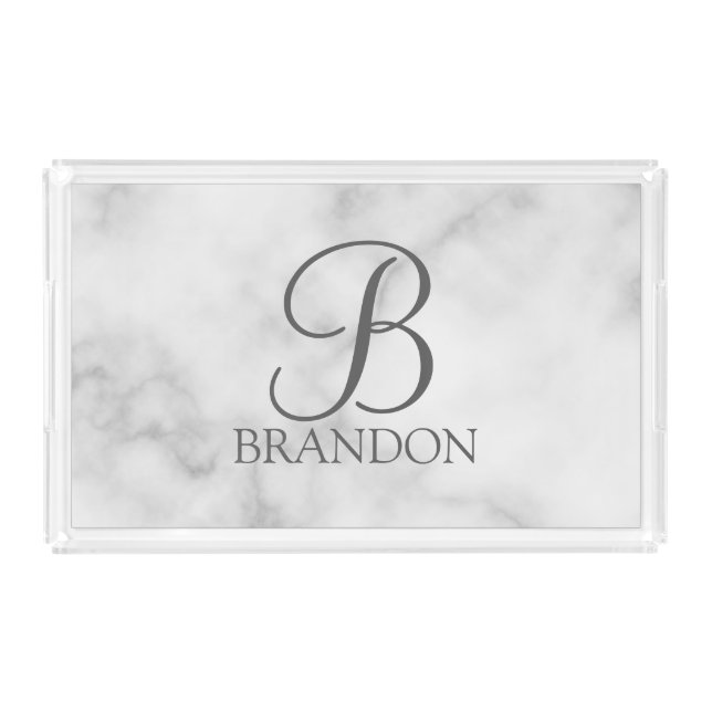 White Marble Personalized Script Monogram and Name Acrylic Tray (Front)