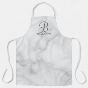 White Marble Personalized Script Monogram and Name Apron