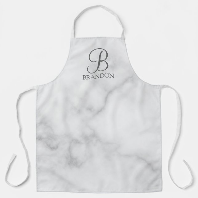 White Marble Personalized Script Monogram and Name Apron (Front)