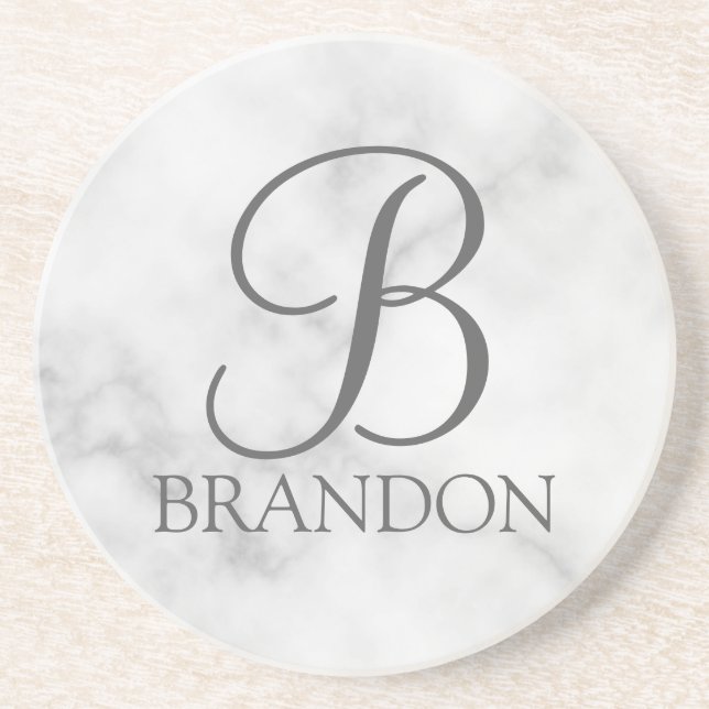 White Marble Personalized Script Monogram and Name Coaster (Front)