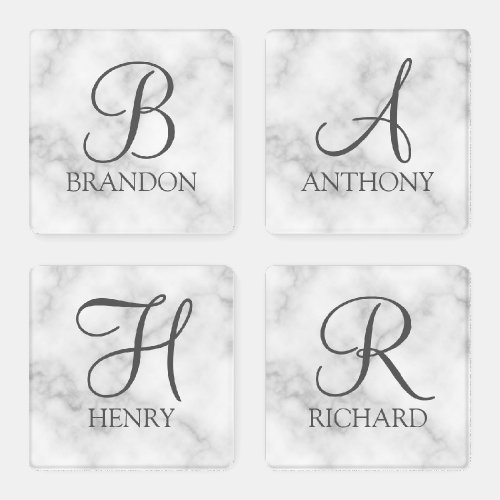 White Marble Personalized Script Monogram and Name Coaster Set