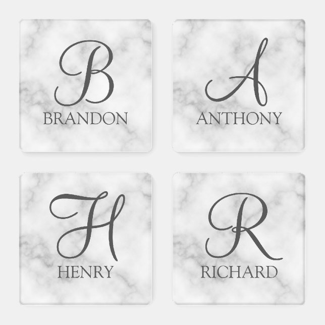 White Marble Personalized Script Monogram and Name Coaster Set (Set)