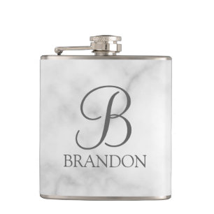 White Marble Personalized Script Monogram and Name Flask