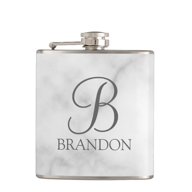 White Marble Personalized Script Monogram and Name Flask (Front)