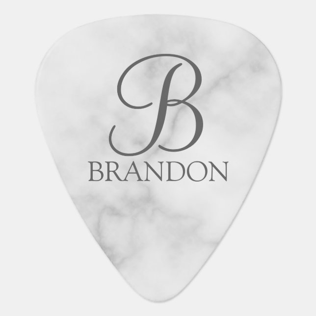 White Marble Personalized Script Monogram and Name Guitar Pick (Front)