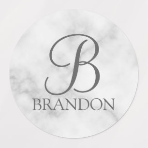 White Marble Personalized Script Monogram and Name Labels