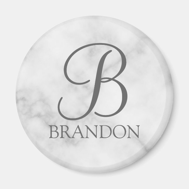 White Marble Personalized Script Monogram and Name Magnet (Front)