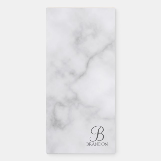 White Marble Personalized Script Monogram and Name Magnetic Notepad (Front)