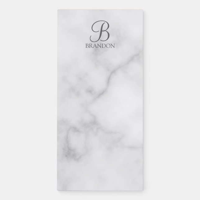 White Marble Personalized Script Monogram and Name Magnetic Notepad (Front)