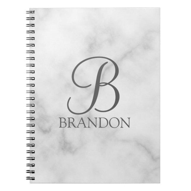 White Marble Personalized Script Monogram and Name Notebook (Front)