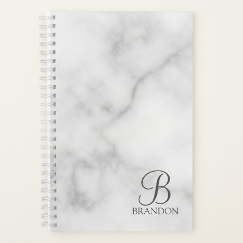 White Marble Personalized Script Monogram and Name Notebook