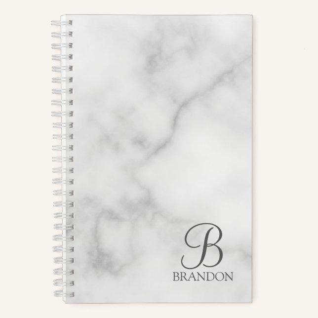 White Marble Personalized Script Monogram and Name Notebook (Front)