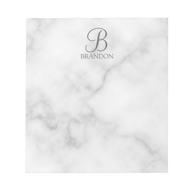 White Marble Personalized Script Monogram and Name Notepad (Front)