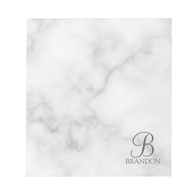 White Marble Personalized Script Monogram and Name Notepad (Front)