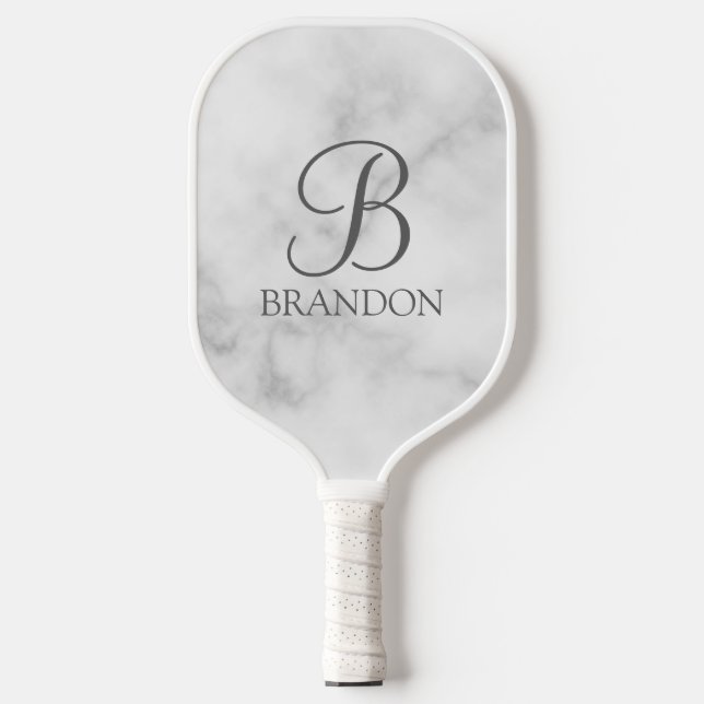 White Marble Personalized Script Monogram and Name Pickleball Paddle (Front)