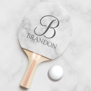 White Marble Personalized Script Monogram and Name Ping Pong Paddle