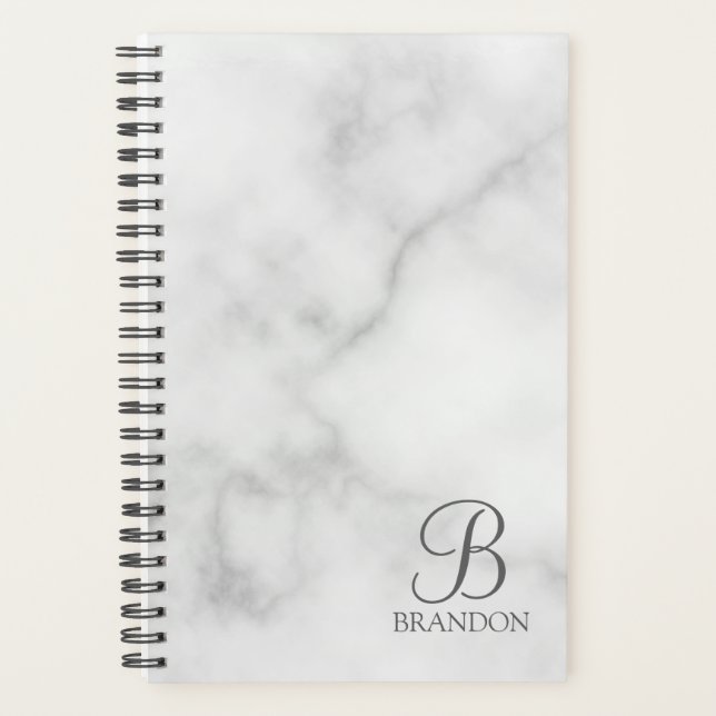White Marble Personalized Script Monogram and Name Planner (Front)