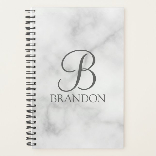 White Marble Personalized Script Monogram and Name Planner (Front)