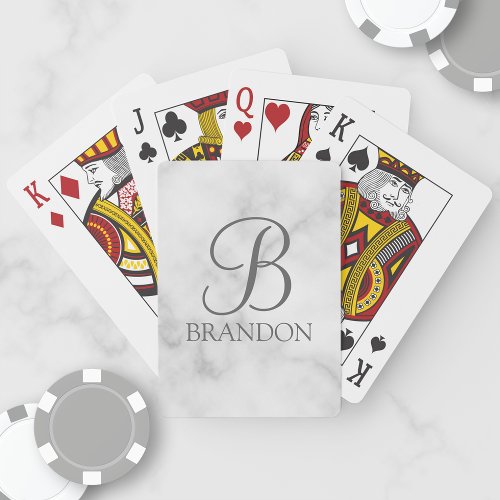White Marble Personalized Script Monogram and Name Poker Cards