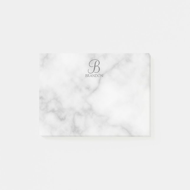 White Marble Personalized Script Monogram and Name Post-it Notes (Front)