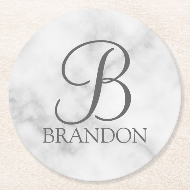 White Marble Personalized Script Monogram and Name Round Paper Coaster (Front)