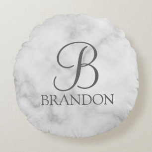 White Marble Personalized Script Monogram and Name Round Pillow