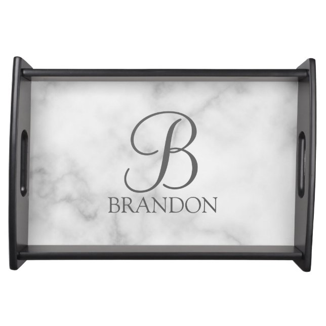 White Marble Personalized Script Monogram and Name Serving Tray (Front)