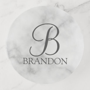 White Marble Personalized Script Monogram and Name Trinket Tray