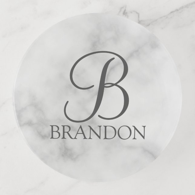 White Marble Personalized Script Monogram and Name Trinket Tray (Front)