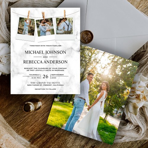 White Marble Photo Budget Wedding Invitation