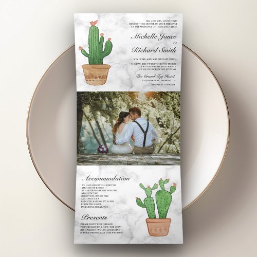 White Marble Photo Desert Cactus Pots Wedding Tri_Fold Invitation