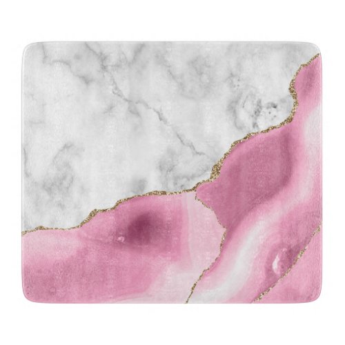 White Marble Pink Agate Gold Glitter Cutting Board