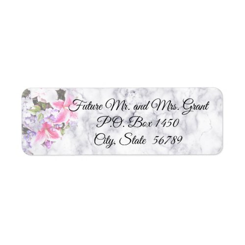 White Marble Pink Lilies Return Address Label