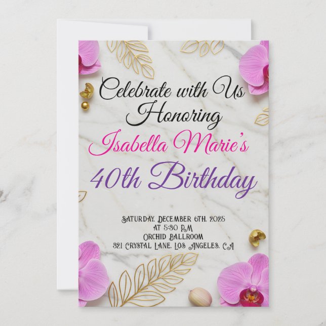 White Marble & Pink Orchid Birthday Invitation (Front)