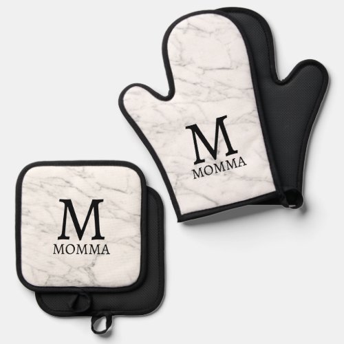 White marble print custom monogram oven mitt  pot holder set