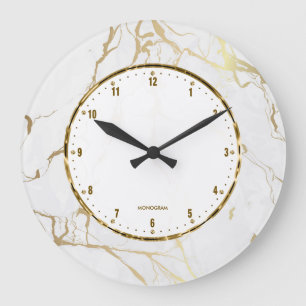 White Marble Print With Gold Crackles Large Clock