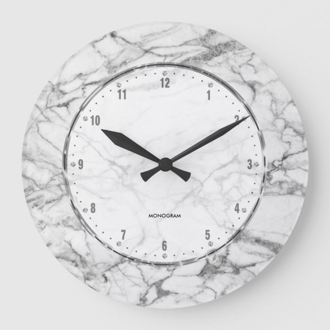 White Marble Print With Gray Crackles Large Clock (Front)