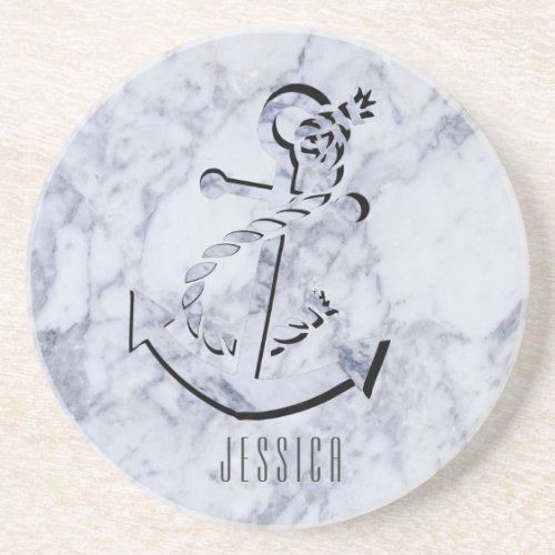 White Marble Print With Nautical Boat Anchor Coaster