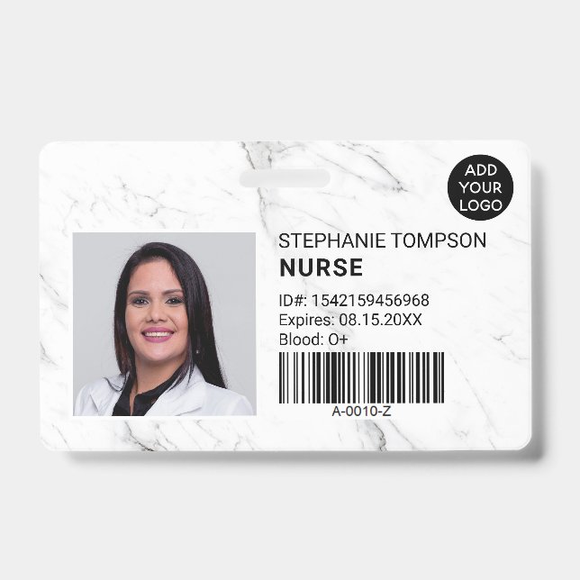 White marble professional nurse photo logo code badge (Front)