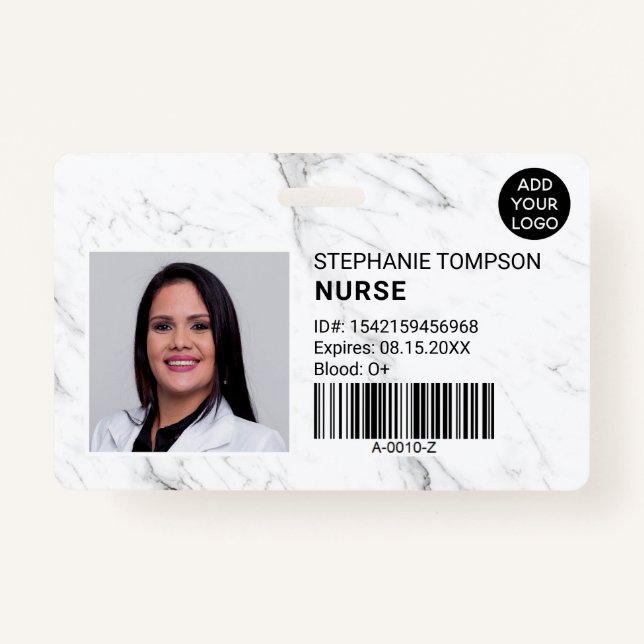White marble professional nurse photo logo code badge (Front)