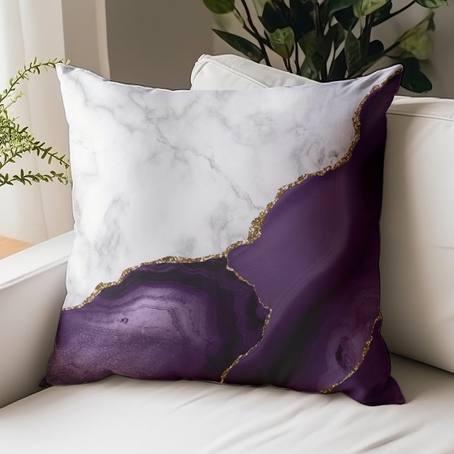 White Marble Purple Agate Gold Glitter Throw Pillow (Creator Uploaded)